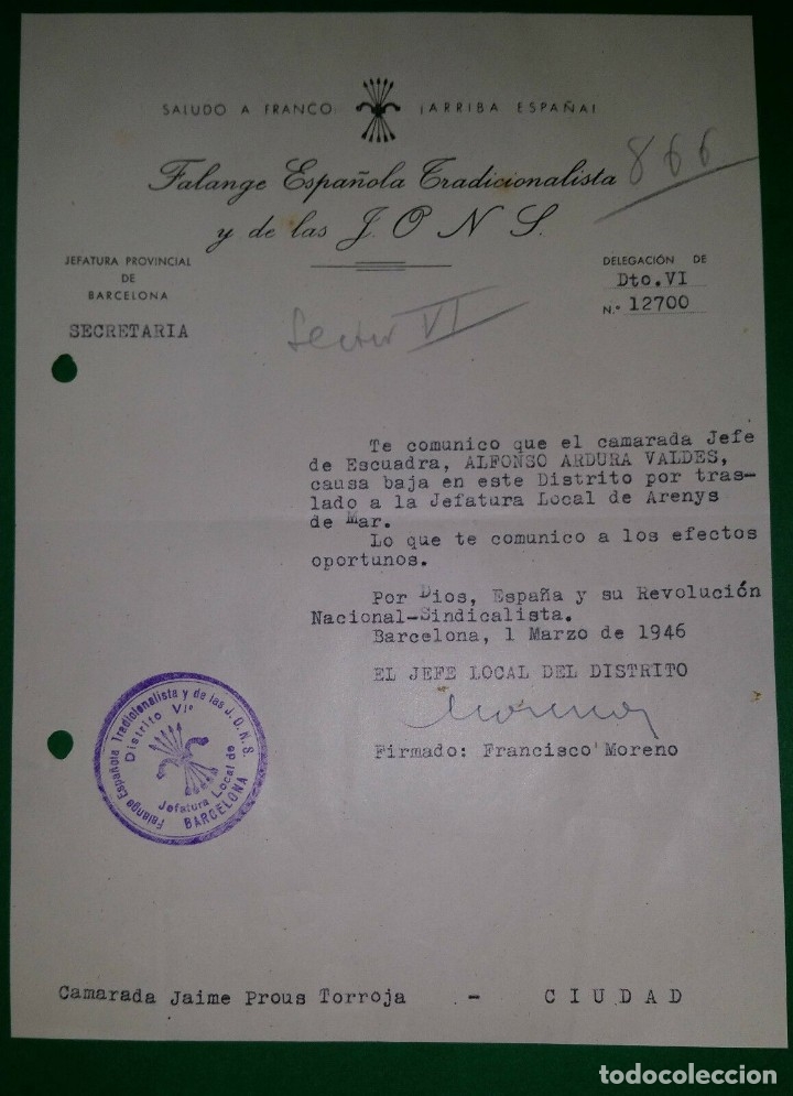 Military Antiques: OFICIO NOTIFICANDO TRASLADO JEFE ESCUADRA,1/03/46 F.E.T. Y DE LAS J.O.N.S.