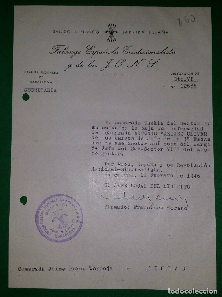 Military Antiques: OFICIO NOTIFICANDO BAJA POR ENFERMEDAD,12/02/46 F.E.T. Y DE LAS J.O.N.S.