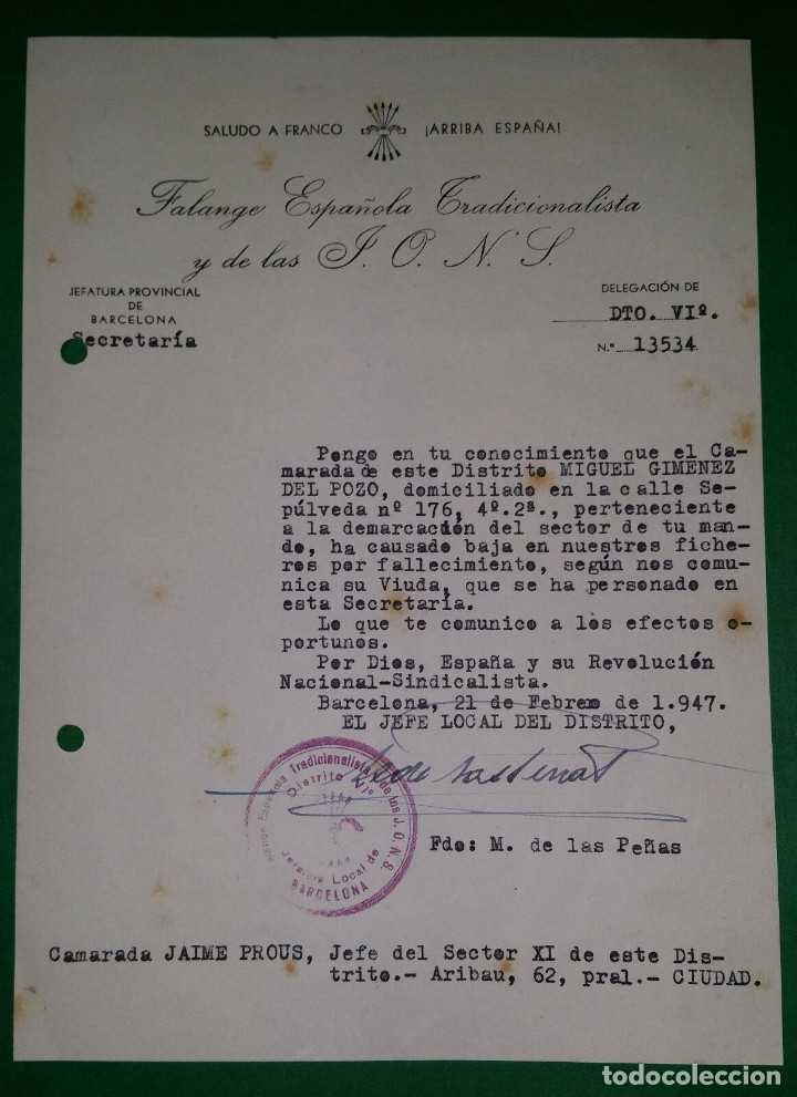 Military Antiques: OFICIO NOTIFICANDO BAJA POR FALLECIMIENTO,21/02/47 F.E.T. Y DE LAS J.O.N.S.