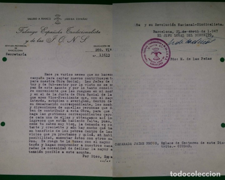 Military Antiques: OFICIO NOTIFICANDO FALTA CONTRIBUYENTES OBRA SOCIAL,21/04/47 F.E.T. Y DE LAS J.O.N.S.