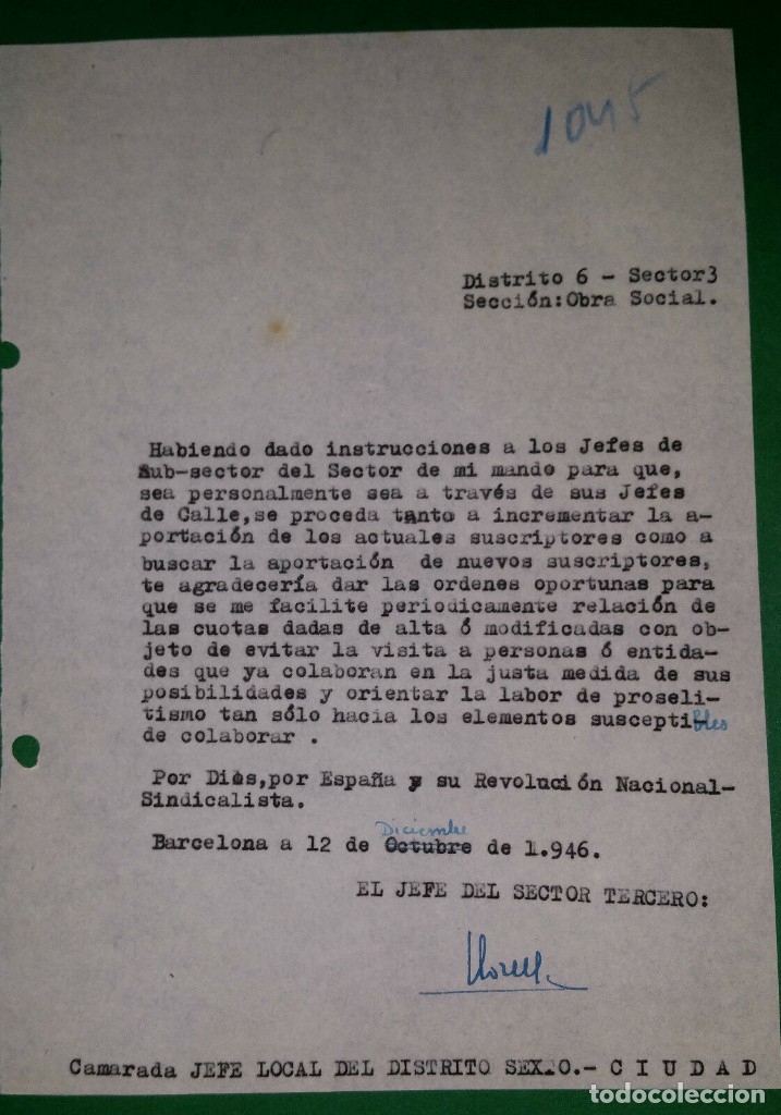 Military Antiques: OFICIO SOLICITANDO AUMENTO O NUEVAS CUOTAS AFILIACION,12/10/46 F.E.T. Y DE LAS J.O.N.S.