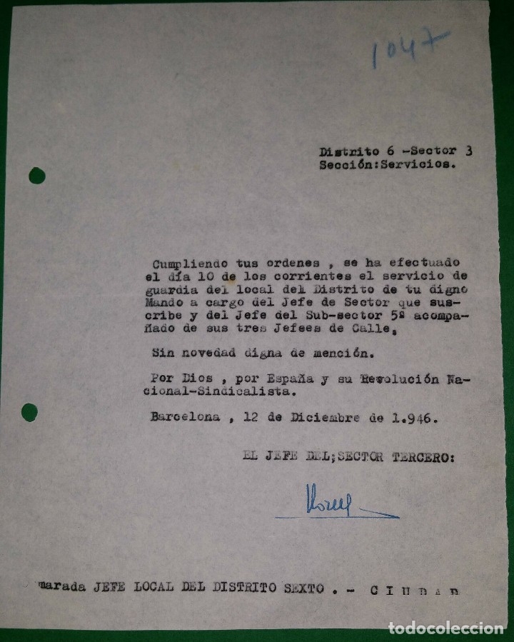 Military Antiques: OFICIO INDICANDO CUMPLIMIENTO GUARDIA,12/12/46 F.E.T. Y DE LAS J.O.N.S.