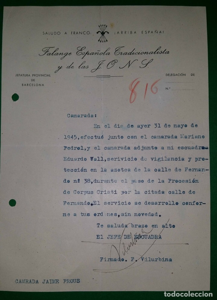 Military Antiques: OFICIO INDICANDO CUMPLIMIENTO GUARDIA PROCESION CORPUS CHRISTI,1/06/45  F.E.T. Y DE LAS J.O.N.S.
