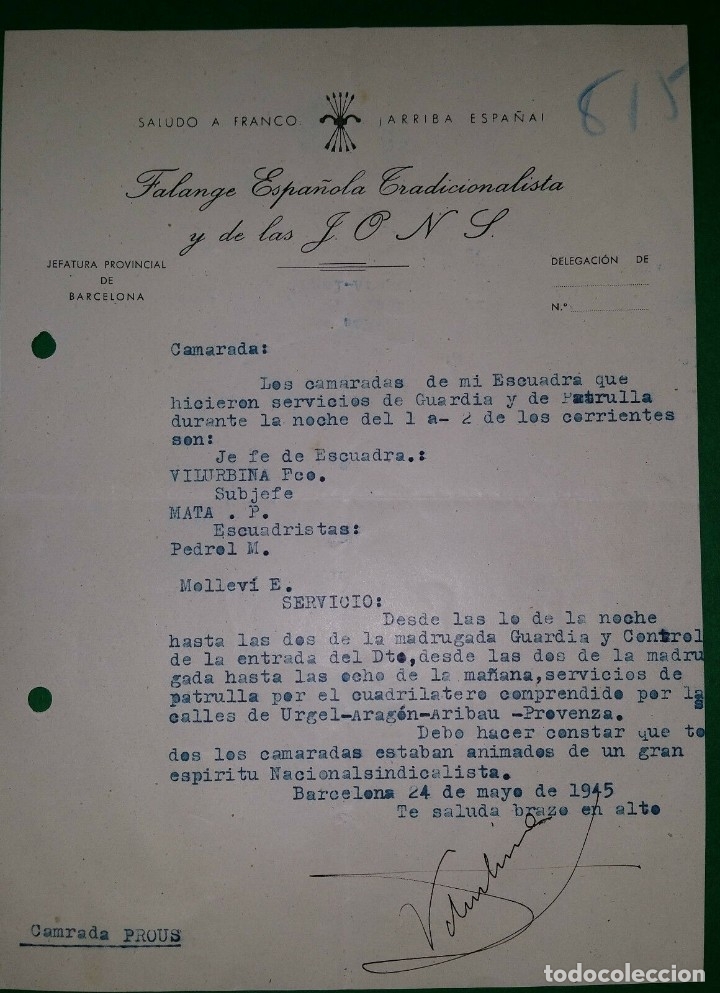 Military Antiques: OFICIO INDICANDO CUMPLIMIENTO GUARDIA 24/05/45 F.E.T Y DE LAS .J.O.N.S.