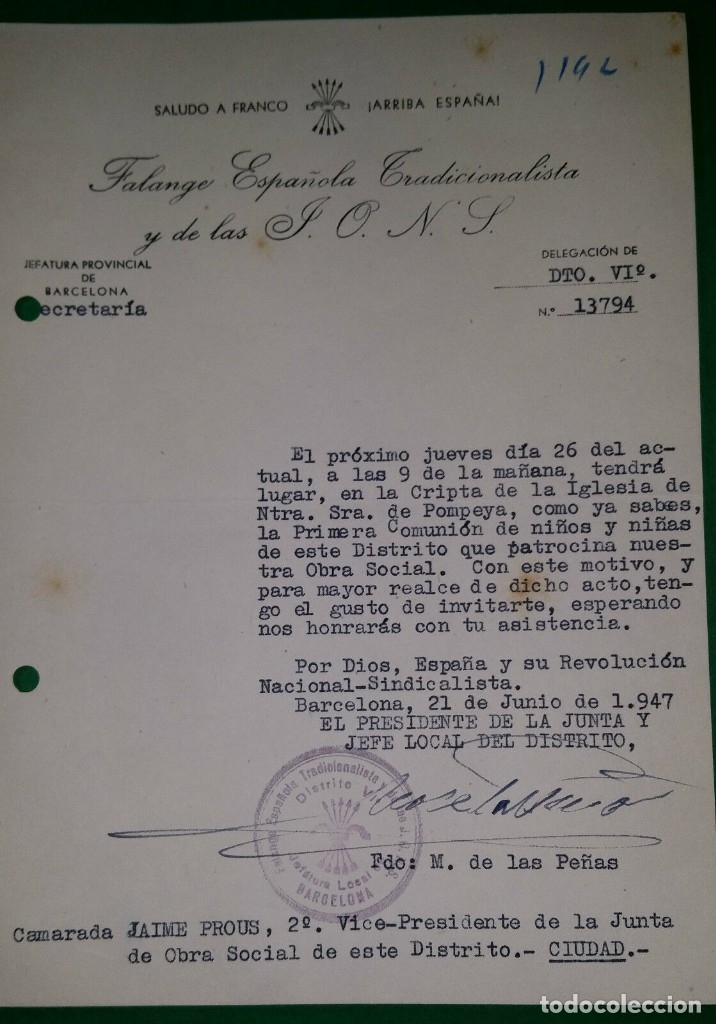 Military Antiques: OFICIO INVITANDO COMUNION OBRA SOCIAL,21/06/47,F.E.T. Y DE LAS J.O.N.S.