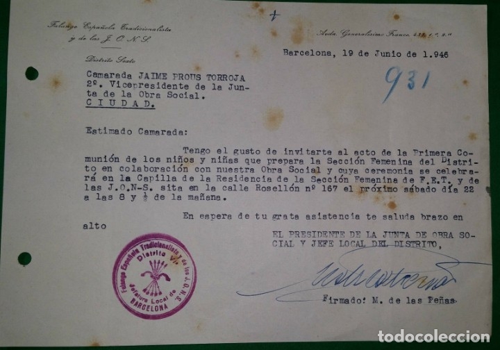 Military Antiques: OFICIO INVITANDO COMUNION OBRA SOCIAL,19/06/46,F.E.T. Y DE LAS J.O.N.S.