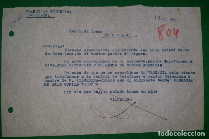 Military Antiques: CARTA INDICANDO AUSENCIA POR VIAJE,19/05/45,F.E.T. Y DE LAS J.O.N.S.