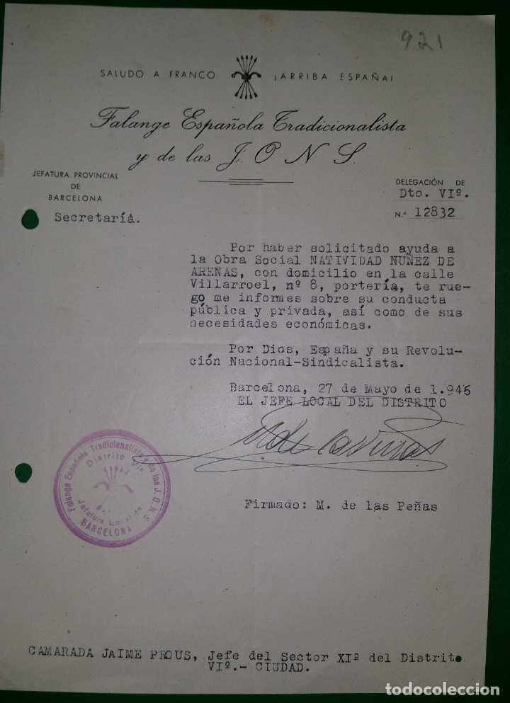 Military Antiques: OFICIO SOLICITANDO INFORMES PARA CONCEDER AYUDA OBRA SOCIAL,27/05/46,F.E.T. Y DE LAS J.O.N.S.