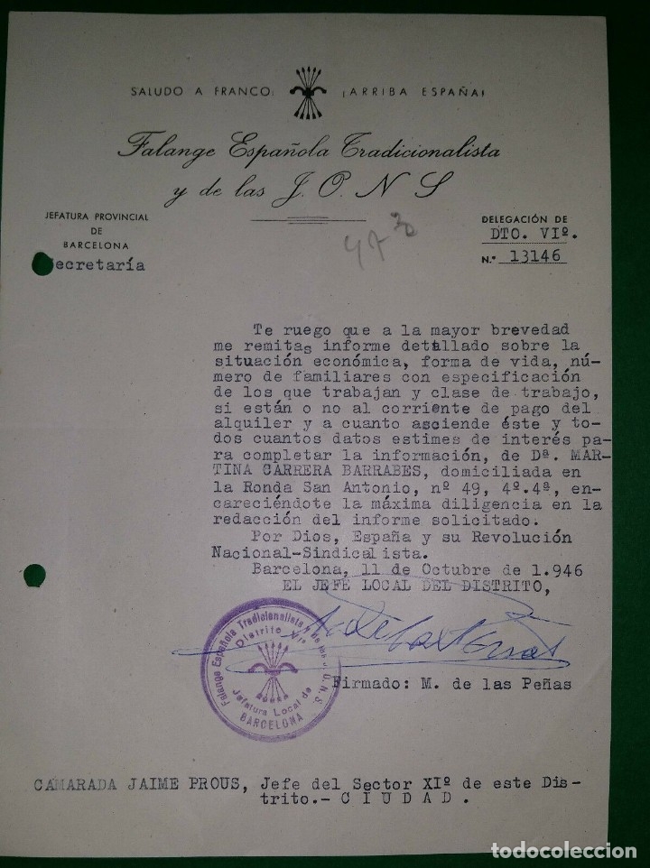 Military Antiques: OFICIO SOLICITANDO INFORMES PARA CONCEDER AYUDA OBRA SOCIAL,11/10/46,F.E.T. Y DE LAS J.O.N.S.
