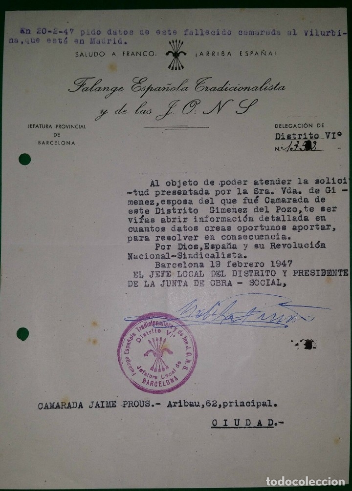 Military Antiques: OFICIO SOLICITANDO INFORMES PARA CONCEDER AYUDA OBRA SOCIAL,19/02/47,F.E.T. Y DE LAS J.O.N.S.