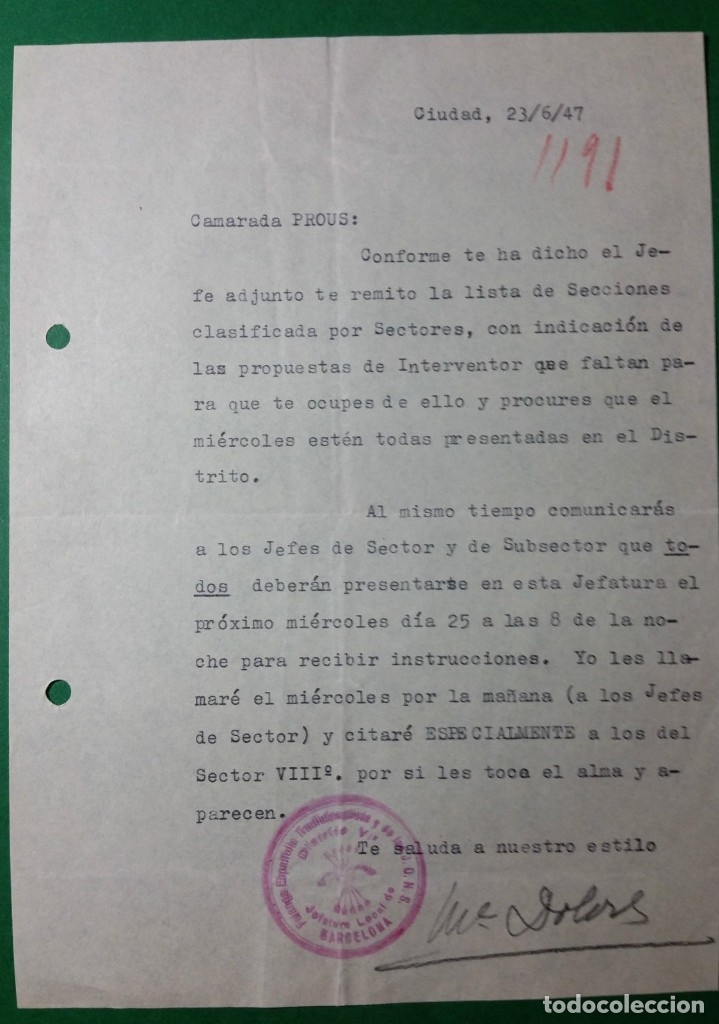 Military Antiques: OFICIO SOLICITANDO INFORMES Y REUNION,23/06/47,F.E.T. Y DE LAS J.O.N.S.