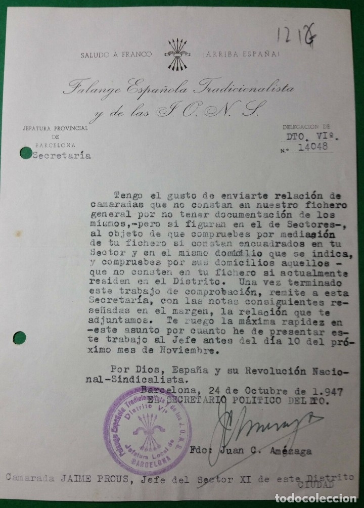 Military Antiques: OFICIO SOLICITANDO INFORMES Y REUNION,24/10/47,F.E.T. Y DE LAS J.O.N.S.