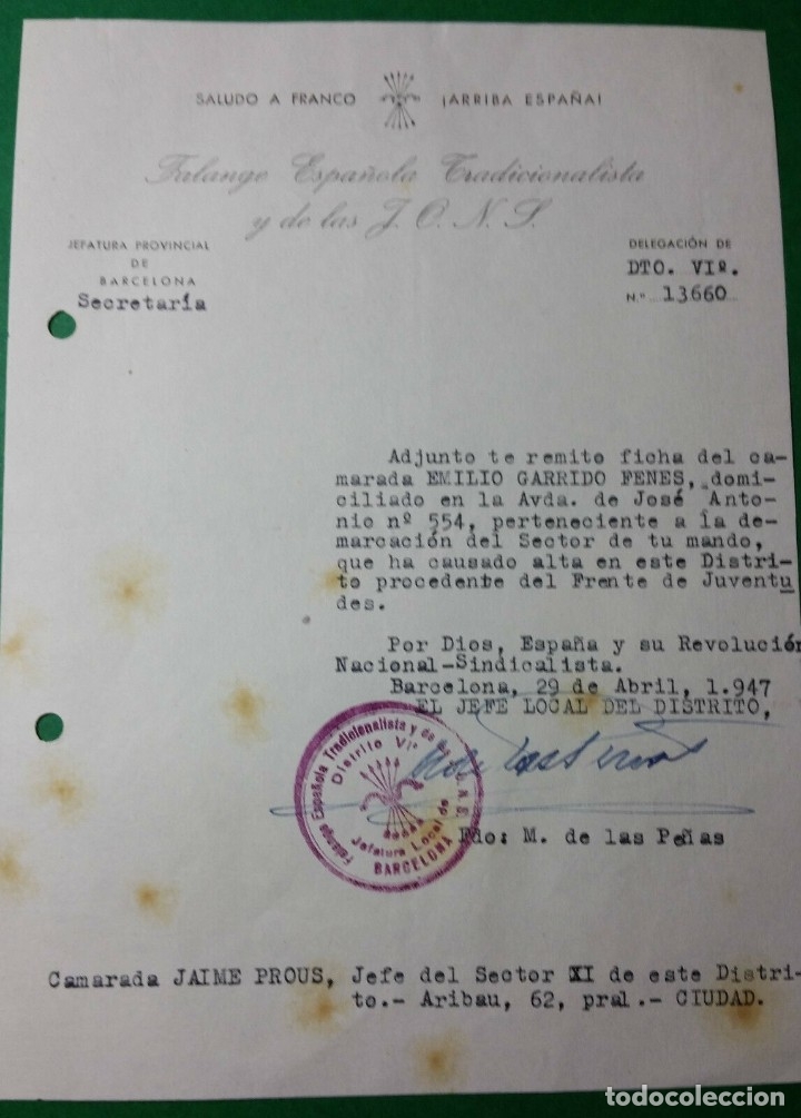 Military Antiques: OFICIO ALTA NUEVO CAMARADA,29/04/47,F.E.T. Y DE LAS J.O.N.S.