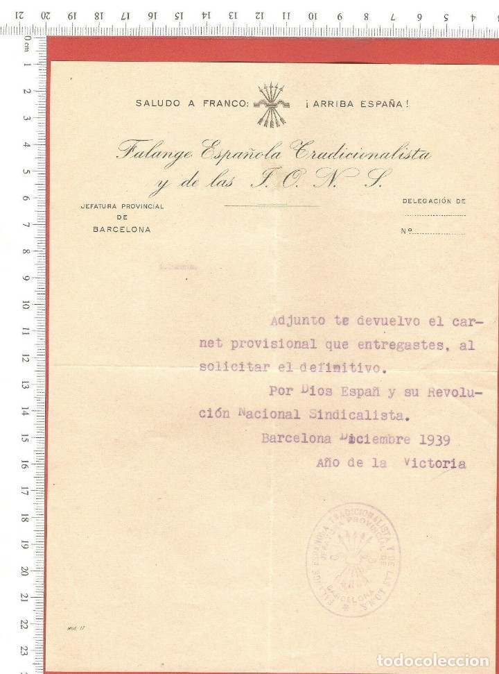 Military Antiques: OFICIO DEVOLUCION CARNET PROVISIONAL,DICIEMBRE 1939,MEMBRETE F.E.T.,SIN FIRMAR