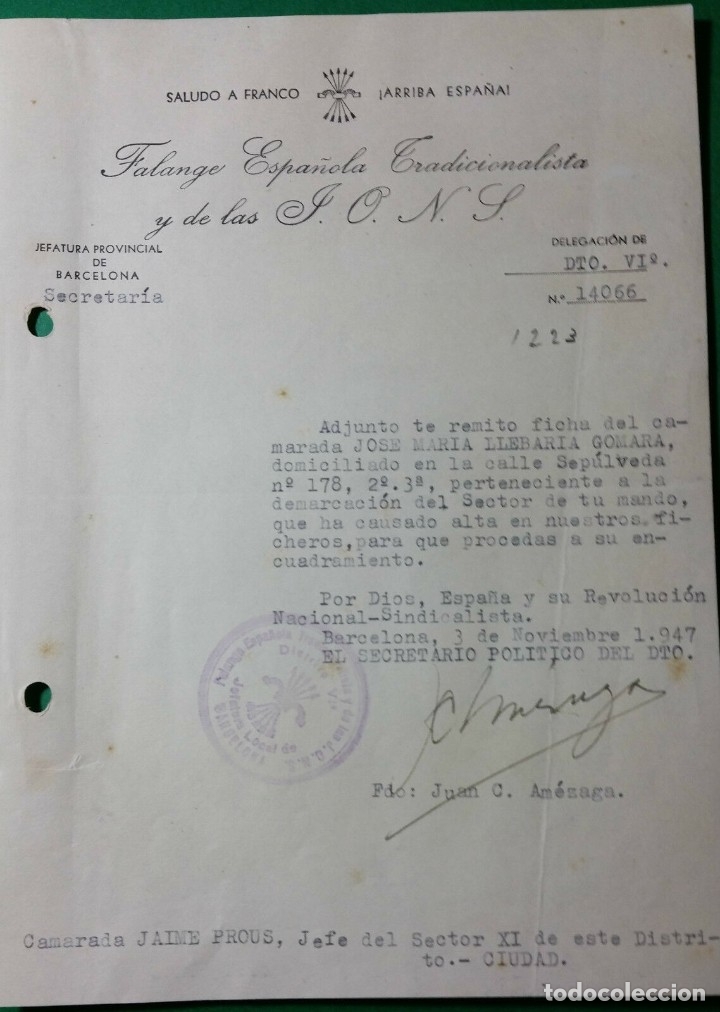 Military Antiques: OFICIO ALTA NUEVO CAMARADA,03/11/47,F.E.T. Y DE LAS J.O.N.S.