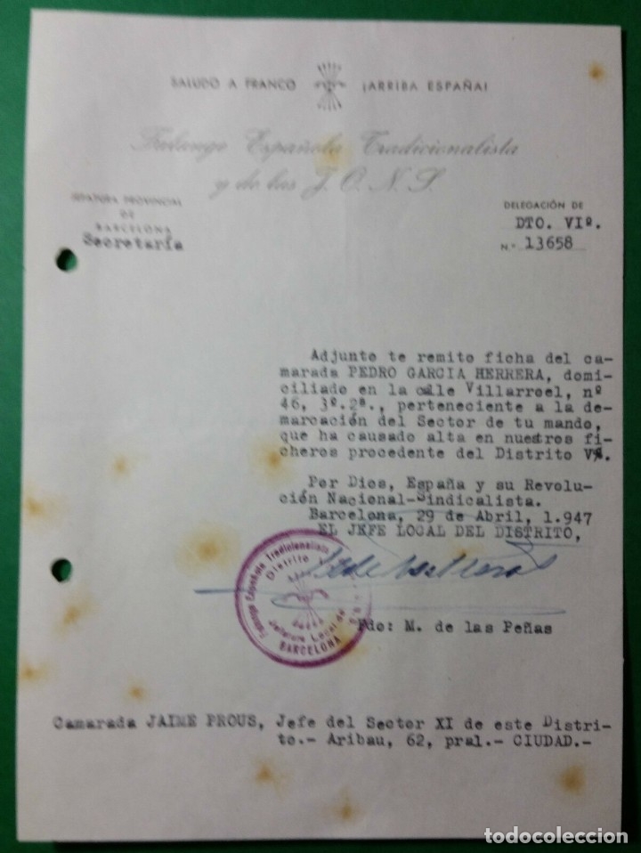 Military Antiques: OFICIO ALTA NUEVO CAMARADA,20/04/47,F.E.T. Y DE LAS J.O.N.S.