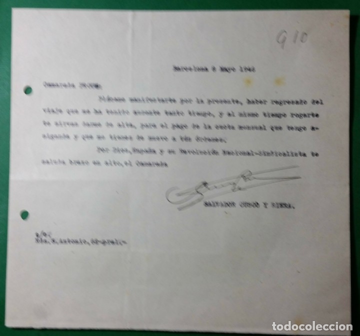 Militaria: CARTA REINCORPORACION CAMARADA VUELTA DE VIAJE,08/05/46,F.E.T. Y DE LAS J.O.N.S.