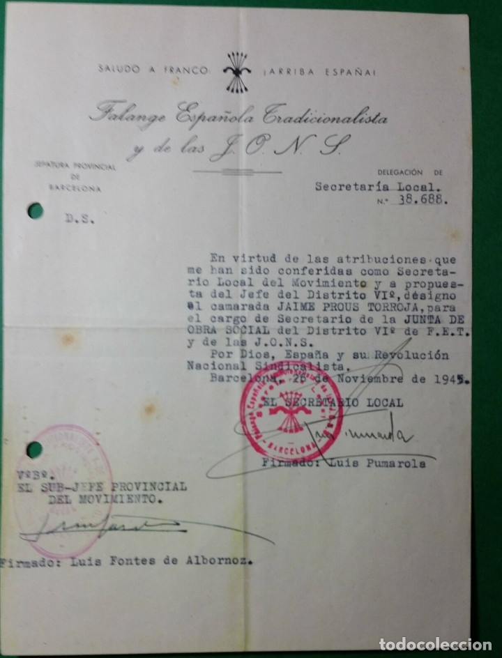Militaria: OFICIO INDICANDO NOMBRAMIENTO CARGO,26/11/45,F.E.T. Y DE LAS J.O.N.S.