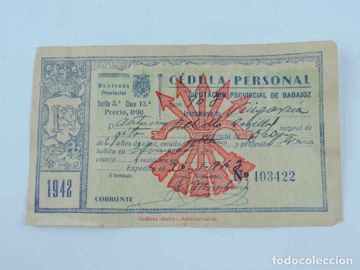 Militaria: CEDULA PERSONAL A&Ntilde;O 1942. DIPUTACION PROVINCIAL DE BADAJOZ, FALANGE, MIDE 15,5 X 9,3 CMS.