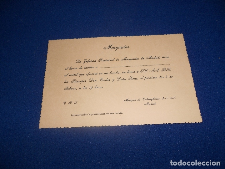 Militaria: INVITACION MARGARITAS PARA EVENTO CARLISTA PRINCIPES DON CARLOS DO&Ntilde;A IRENE MADRID A&Ntilde;OS 70