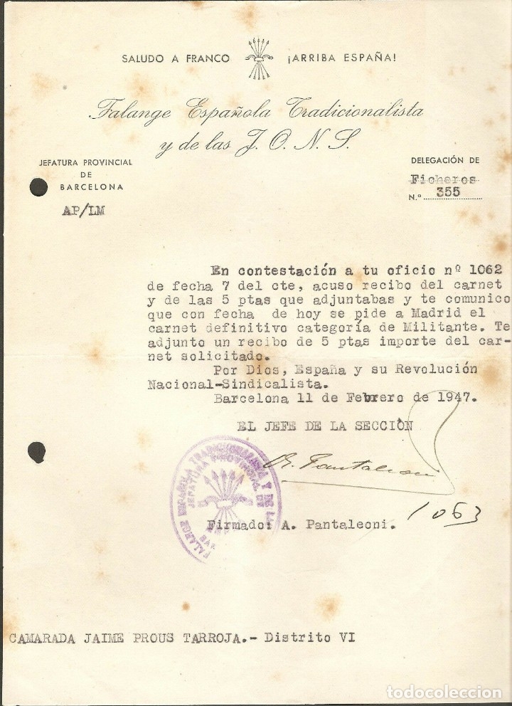 Militaria: OFICIO ACUSANDO RECIBO PAGO CARNET DEFINITIVO Y SOLICITUD DEL CARNET