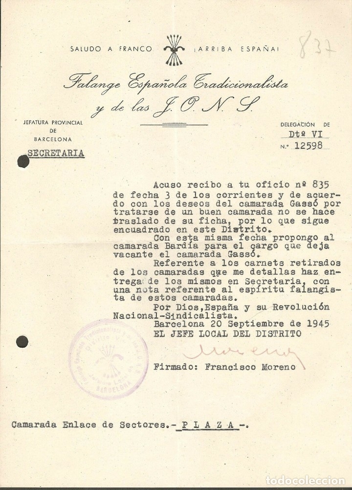 Militaria: OFICIO SOLICITANDO NOMBRAMIENTO,MANTENIMIENTO DE  SITUACION E INFORMES DE FALANGISTAS.