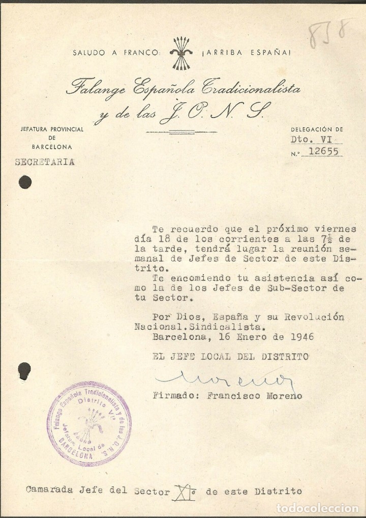 Militaria: OFICIO INDICANDO REUNION JEFES SECTOR Y SUBSECTOR.FCO.MORENO.16 ENERO 1946