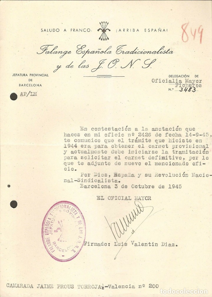 Militaria: OFICIO RESPONDIENDO A OFICIO 14 DE SEPTIEMBRE DE 1945,SOBRE OBTENCION DE CARNET DEFINITIVO