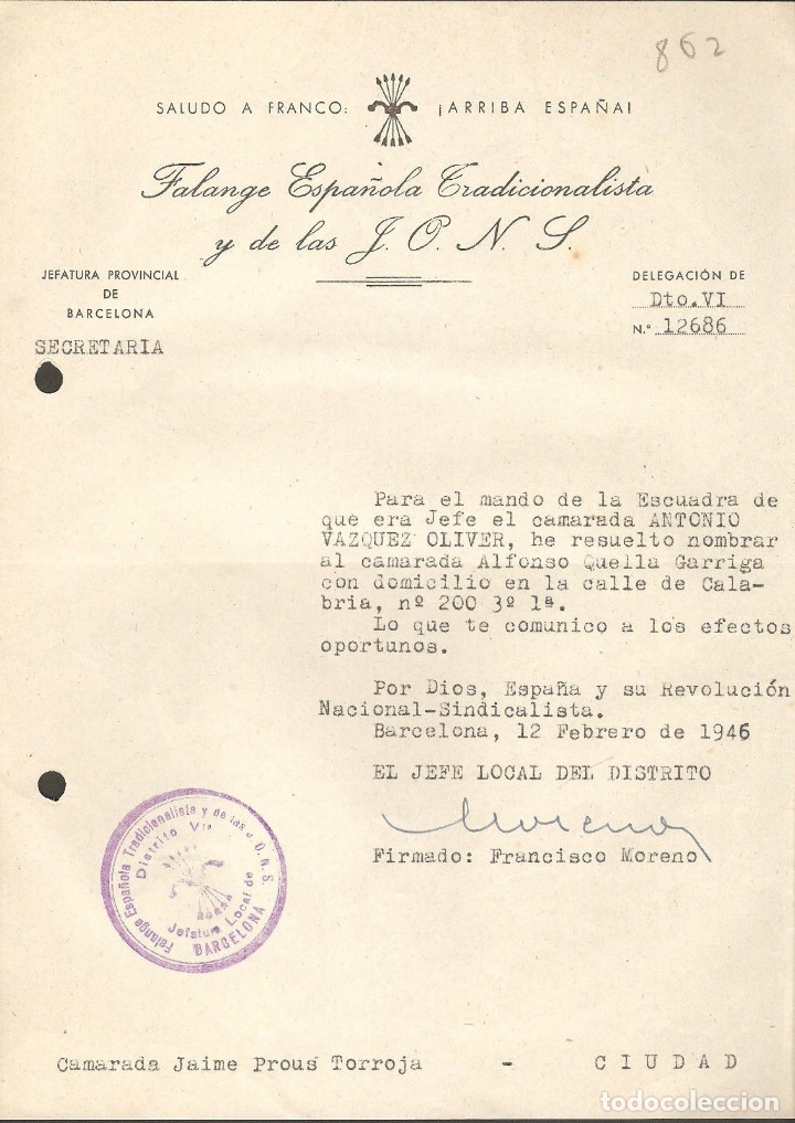 Militaria: OFICIO SUSTITUCION JEFE ESCUADRA,VAZQUEZ OLIVER POR QUELLA GARRIGA.12 DE FEBRERO DE 1946 .