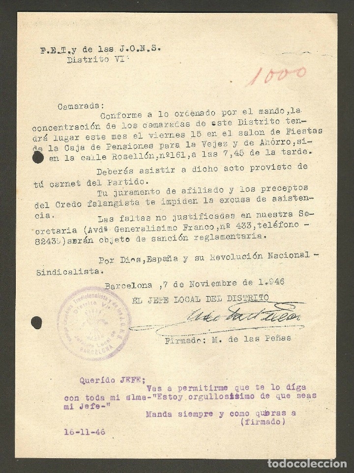 Militaria: OFICIO INDICANDO CONCENTRAC,BARCELONA,NOVIEMBR1946 FDO.M DE LAS PE&Ntilde;AS