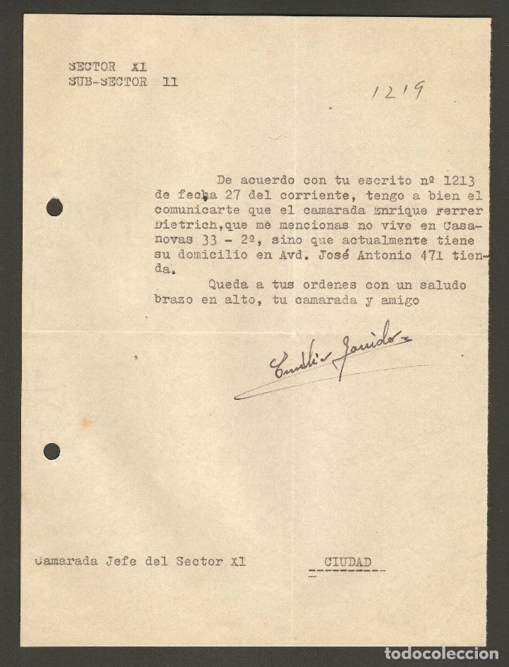 Militaria: OFICIO INDICANDO NUEVO DOMICILIO ENRIQUE FERRER DIETRICH,POR EMILIO GARRIDO