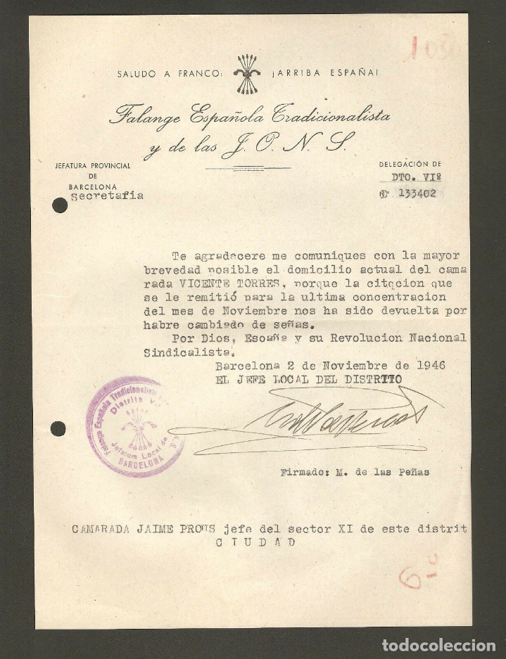 Militaria: OFICIO SOLICITANDO NUEVO DOMICILIO VICENTE TORRES,POR M.PE&Ntilde;AS A JAIME PROUS,BARCELONA,NOVIEMBRE 1946