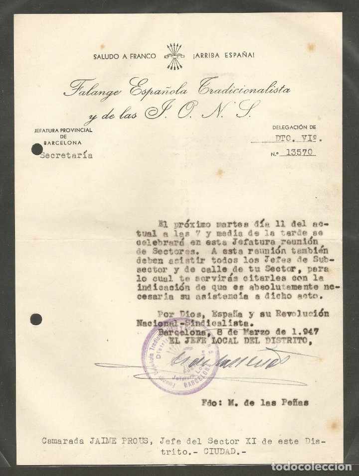 Militaria: OFICIO CONVOCANDO REUNION DE SECTORES Y JEFE,POR MARIANO DE LAS PE&Ntilde;AS,MARZO 1947