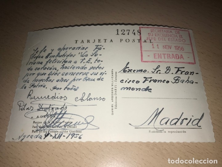 Militaria: FELICITACION A FRANCISCO FRANCO EN NOVIEMBRE DE 1956 POR LAS OPERARIAS DE LA FABRICA EMBUTIDOS LA SO