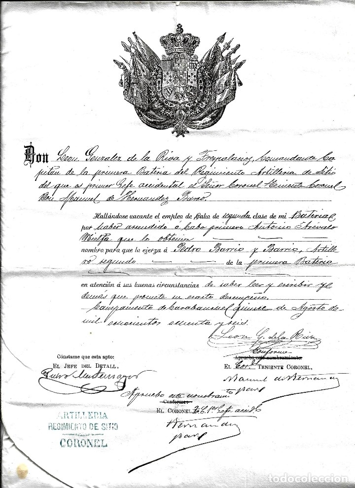 Military Antiques: TITULO DE ASCENSO ARTILLERO 2&ordm; DE LA PRIMERA BATERIA, REGIMIENTO DE ARTILLERIA DE SITIO- de 1.886
