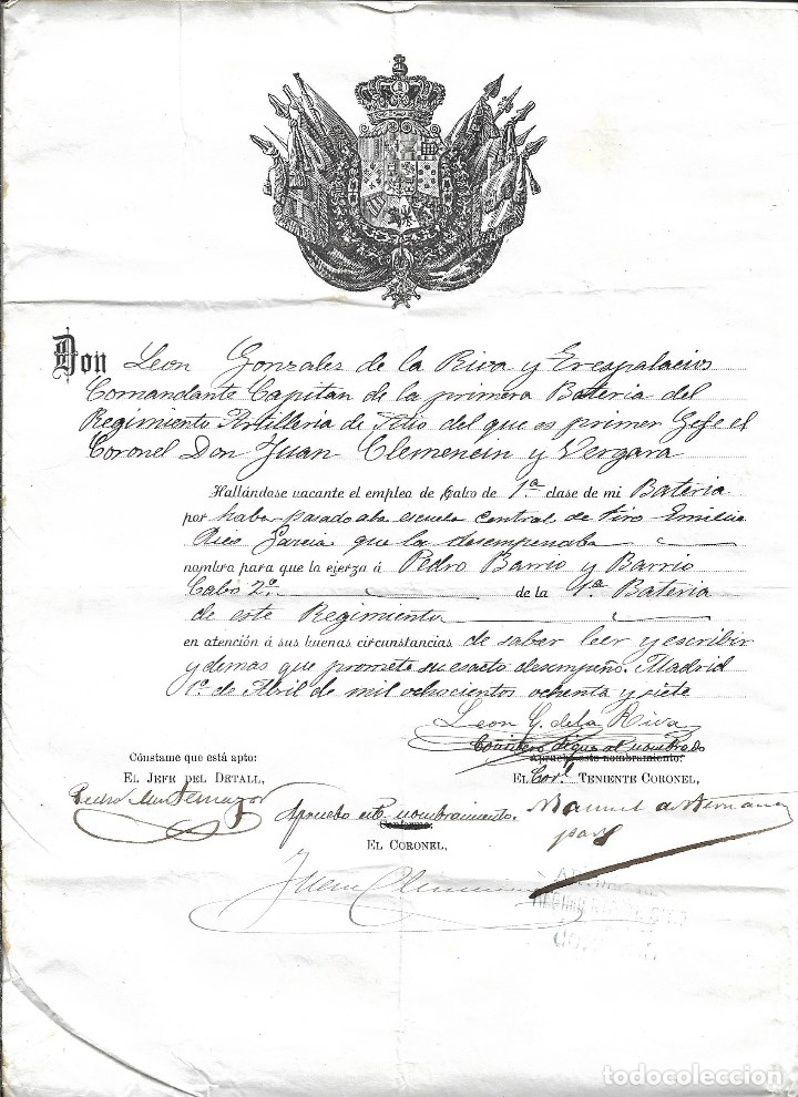 Military Antiques: TITULO DE ASCENSO ARTILLERO 2&ordm; DE LA PRIMERA BATERIA, REGIMIENTO DE ARTILLERIA DE SITIO- de 1.887