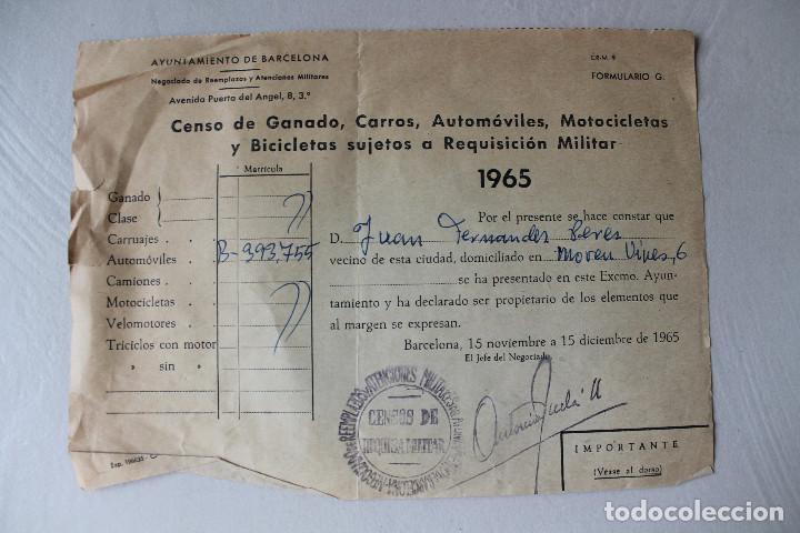 Militaria: CENSO DE GANADO, CARROS, AUTOM&Oacute;VILES, MOTOCICLETAS Y BICICLETAS SUJETAS A REQUISICI&Oacute;N MILITAR, 1965