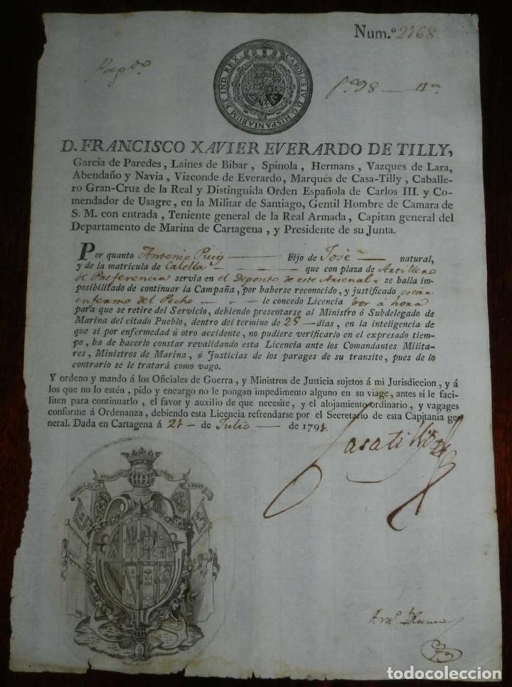Militaria: CONCESION OTORGADA EN CARTAGENA EN 1791 POR EL CAPITAN GENERAL DEL DEPARTAMENTO DE MARINA DE CARTAGE
