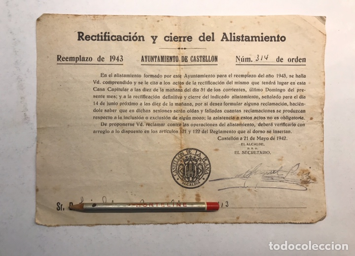 Military Antiques: AYUNTAMIENTO DE CASTELL&Oacute;N. Rectificaci&oacute;n y cierre del Aislamiento. Reemplazo de 1943