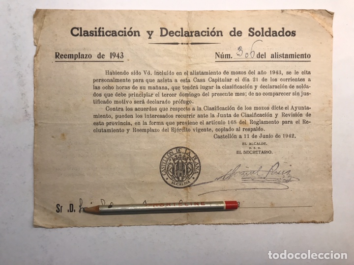Military Antiques: AYUNTAMIENTO DE CASTELL&Oacute;N. Clasificaci&oacute;n y Declaraci&oacute;n de Soldados. Reemplazo de 1943
