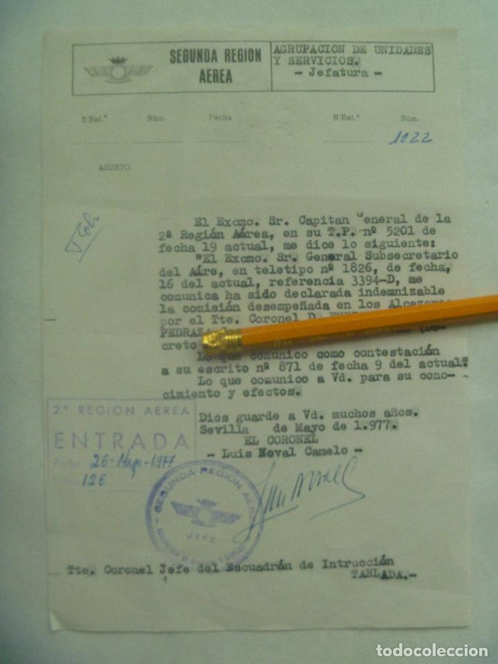 Militaria: AVIACION 2&ordf; RA: NOTIFICACION INDEMNIZACION POR COMISION EN LOS ALCAZARES TTE. CORONEL. SEVILLA, 1977