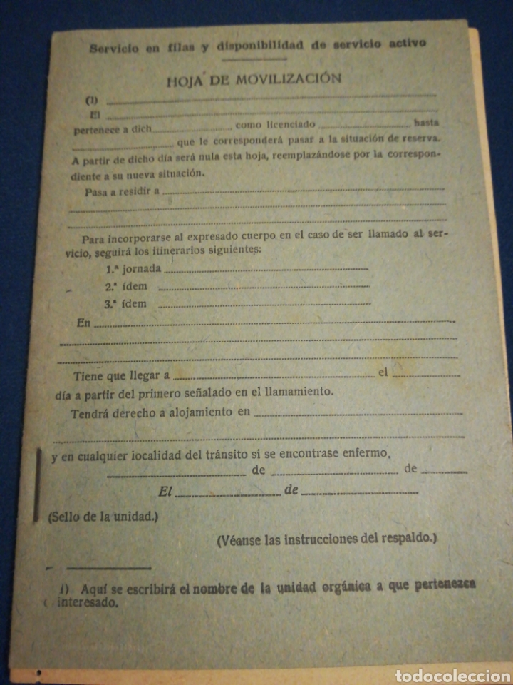 Militaria: Cartilla servicio en fila y disponibilidad de servicio activo HOJA DE MOVILIZACI&Oacute;N