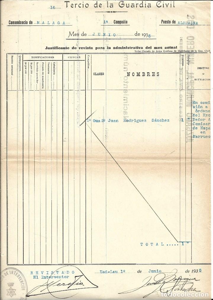 Militaria: DOCUMENTO JUSTIFICANTE DE REVISTA DEL 16 TERCIO DE LA GUARDIA CIVIL -ALOZAINA-(MALAGA)de JUNIO 1.935