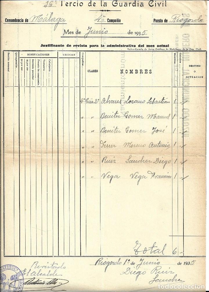 Militaria: DOCUMENTO JUSTIFICANTE DE REVISTA DEL 16 TERCIO DE LA GUARDIA CIVIL- RIOGORDO-(MALAGA)de JUNIO 1.935