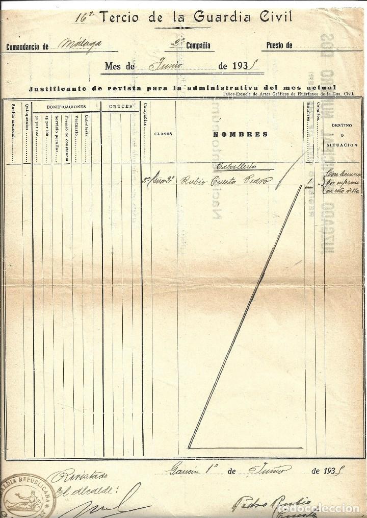 Militaria: DOCUMENTO JUSTIFICANTE DE REVISTA DEL 16 TERCIO DE LA GUARDIA CIVIL- GAUCIN -(MALAGA)de JUNIO 1.935