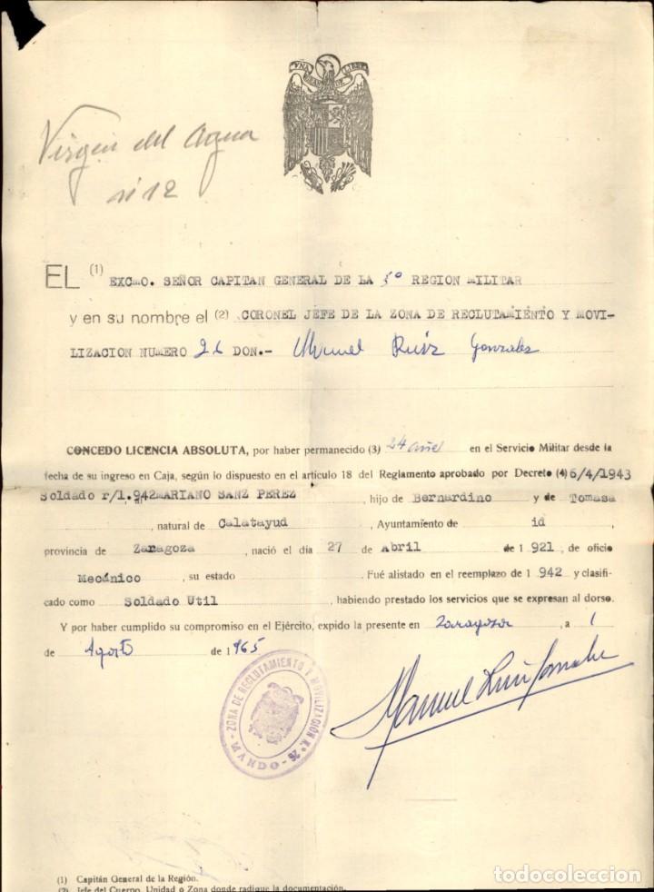 Militaria: 1965 - Concesi&oacute;n de licencia absoluta despu&eacute;s de 24 a&ntilde;os - 5&ordf; Regi&oacute;n Militar Zaragoza - Franco