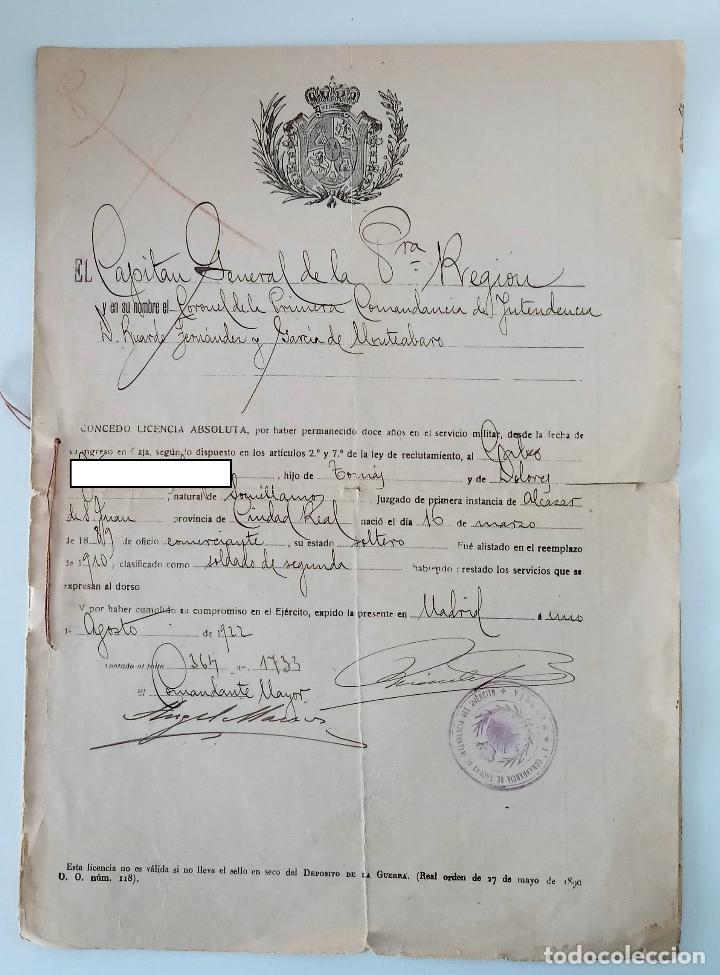 Militaria: LICENCIA ABSOLUTA CON HOJA DE SERVICIOS. 1922
