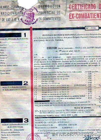 Militaria: Certificado de Ex combatiente. Guerra civil. Falange. Teniente.