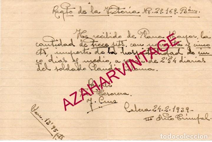 Militaria: CALERA DE LEON, BADAJOZ, GUERRA CIVIL, 1939, RECIBO HOSPITALIDAD SOLDADO, RARISIMO