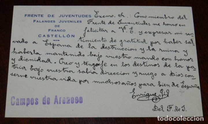 Militaria: TARJETA DEL FRENTE DE JUVENTUDES, FALANGES JUVENILES DE FRANCO, CASTELLON, CON FELICITACION A FRANCI